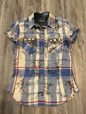 Dashe Milano Womens Small Floral Plaid Western Snap Shirt Beaded Rhinestone